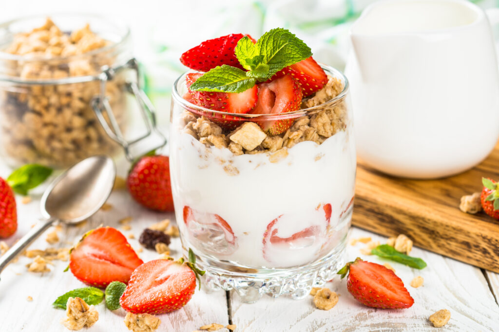 Greek yogurt parfait with strawberry.