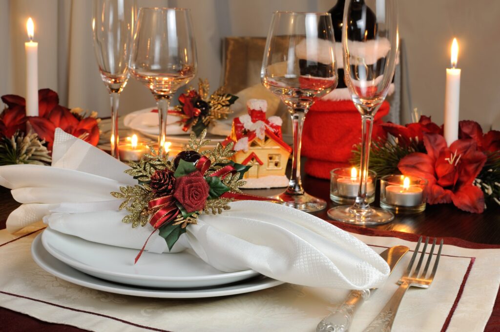 Christmas Holiday Table Place setting with napkin decoration