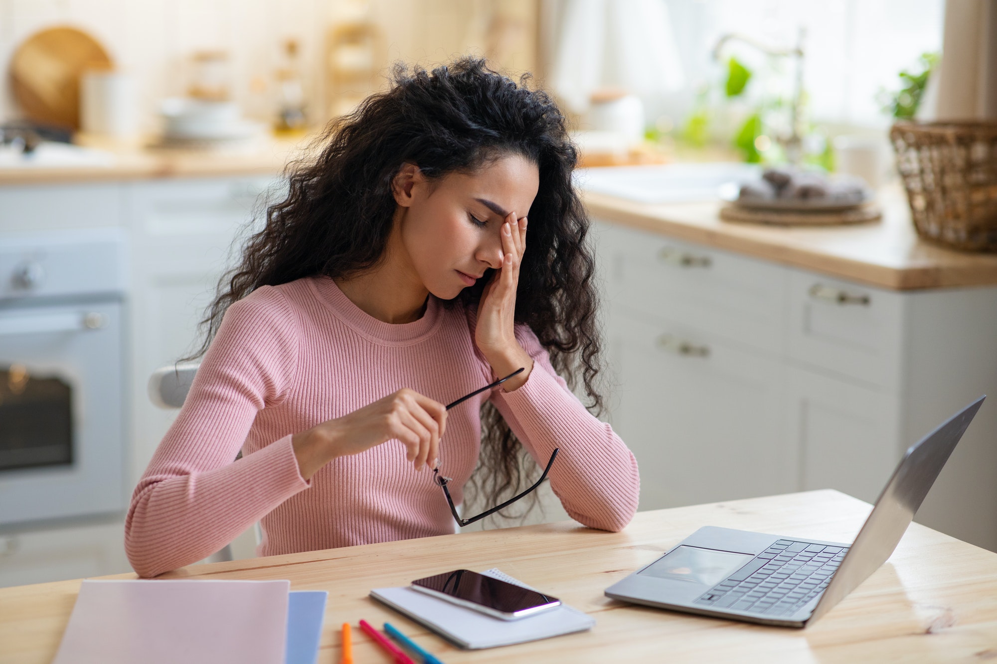 Eyes Fatigue. Freelancer Woman Tired After Working On Laptop Computer At Home